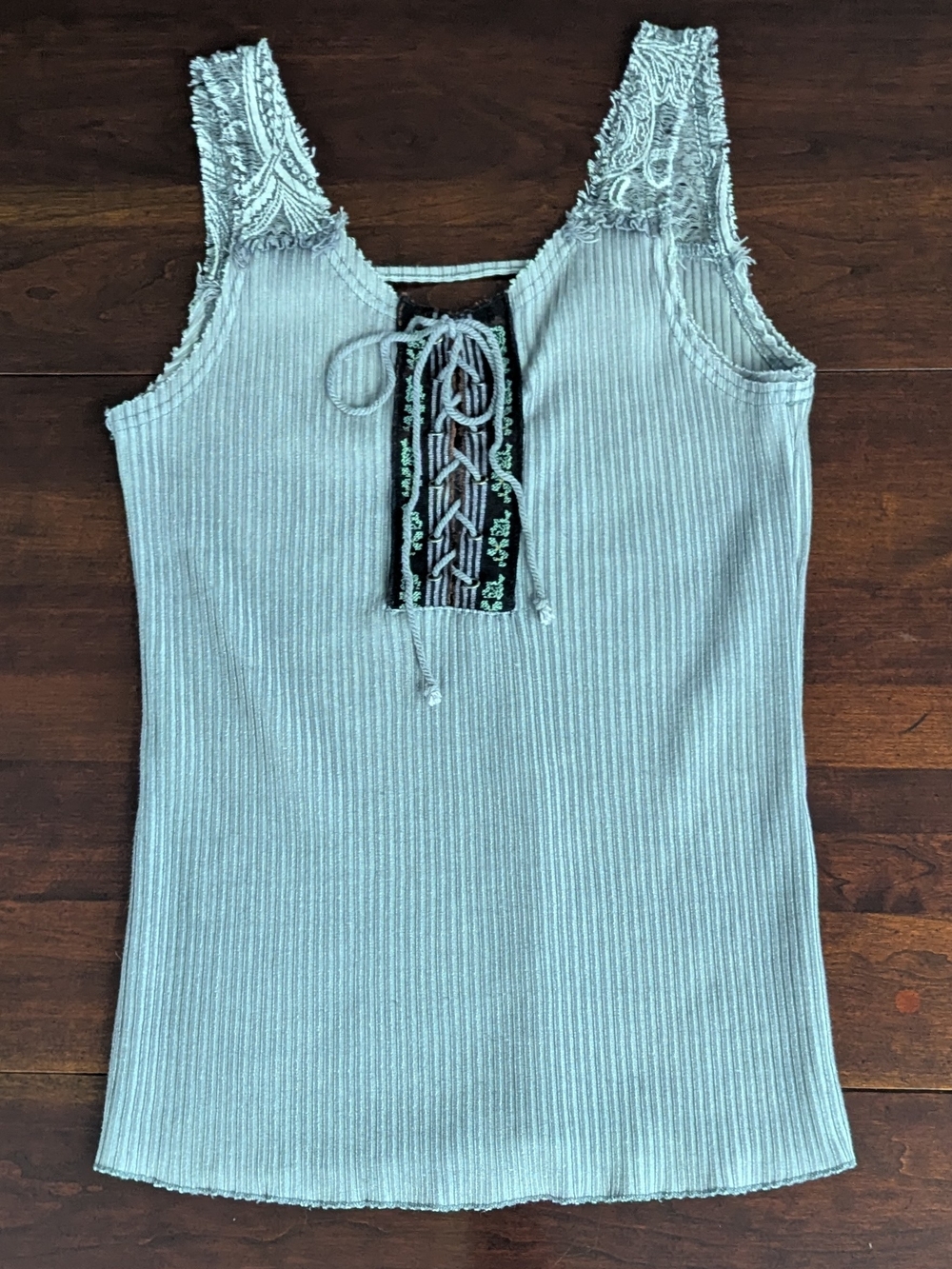 Gimmicks Womens S Ribbed Tank Top Lace Up Acid Wash Distressed Y2K Boho Festival